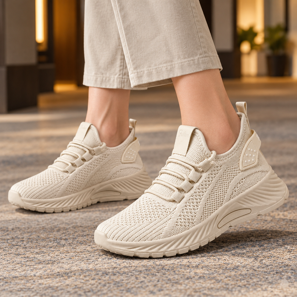 Women's breathable trainers in beige, platform trainers with sock collar and woven upper, worn outdoors