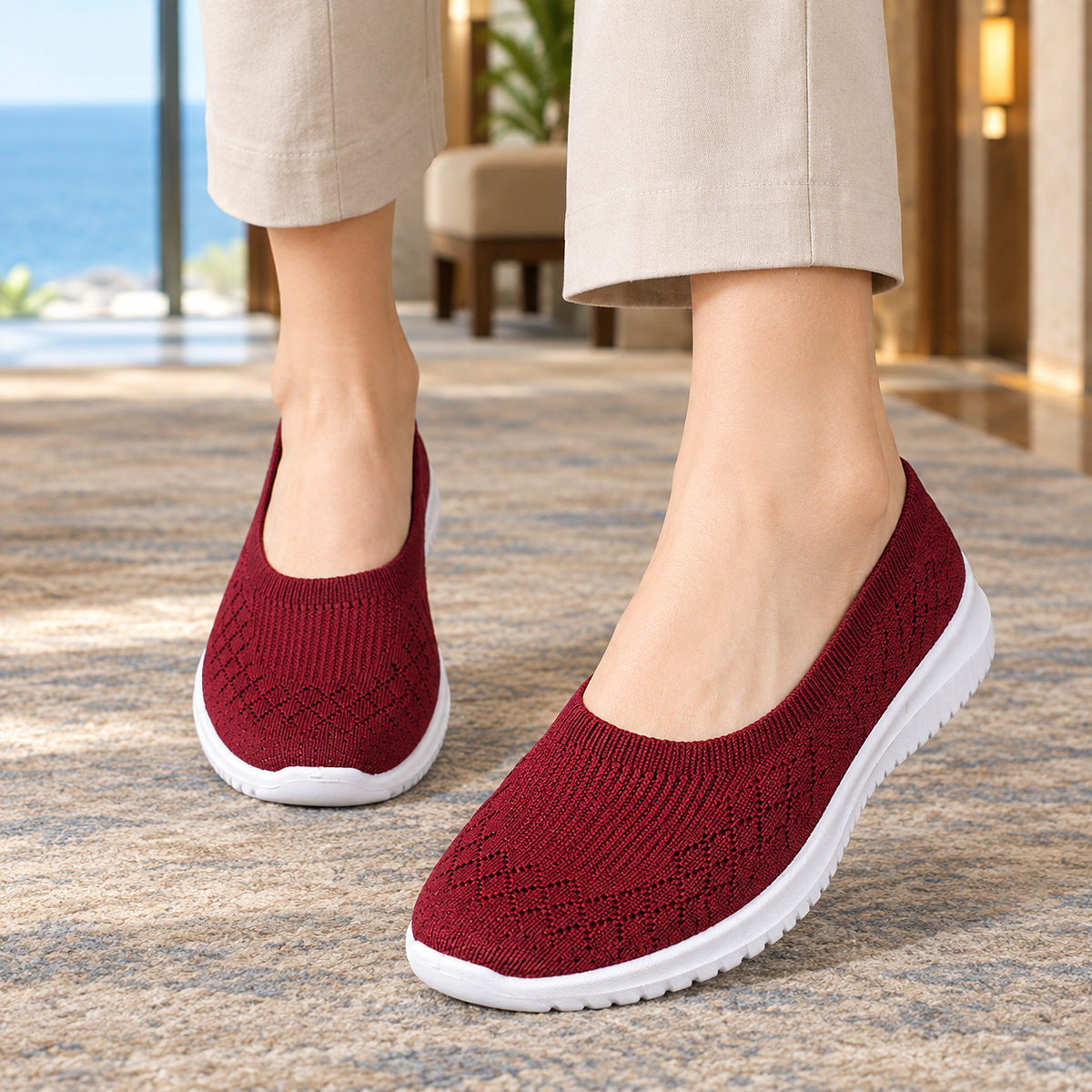 Red knitted slip-on sneakers with a white sole, worn with beige trousers on a carpet by a window.