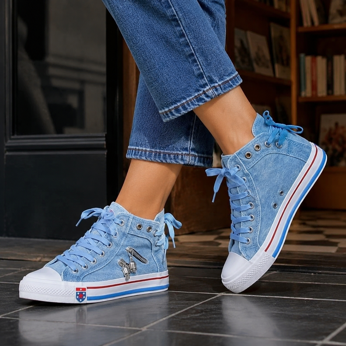 Orthopedic sneakers, high top sneakers with side zip sneakers detail in denim blue, worn with cropped jeans