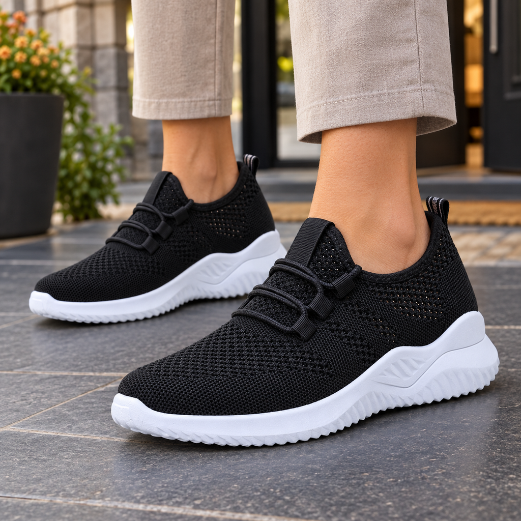Knit sneakers for women in black mesh with elastic laces and a white sole