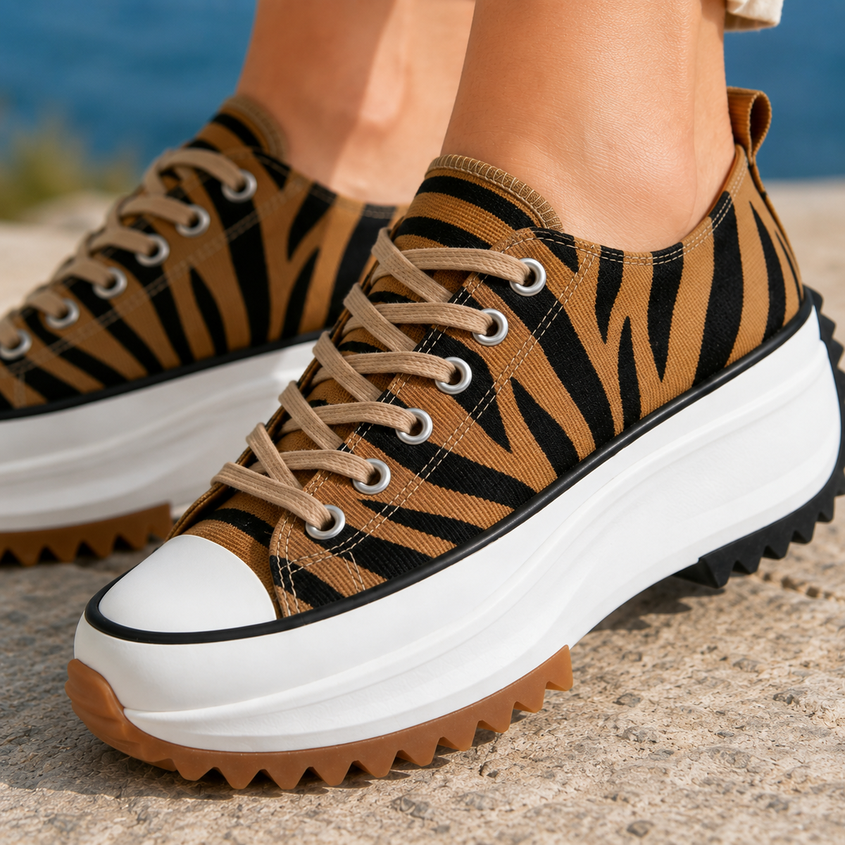 Close-up of tiger-stripe woven platform sneakers with beige laces, a white chunky sole and gum-coloured tread, worn by the sea