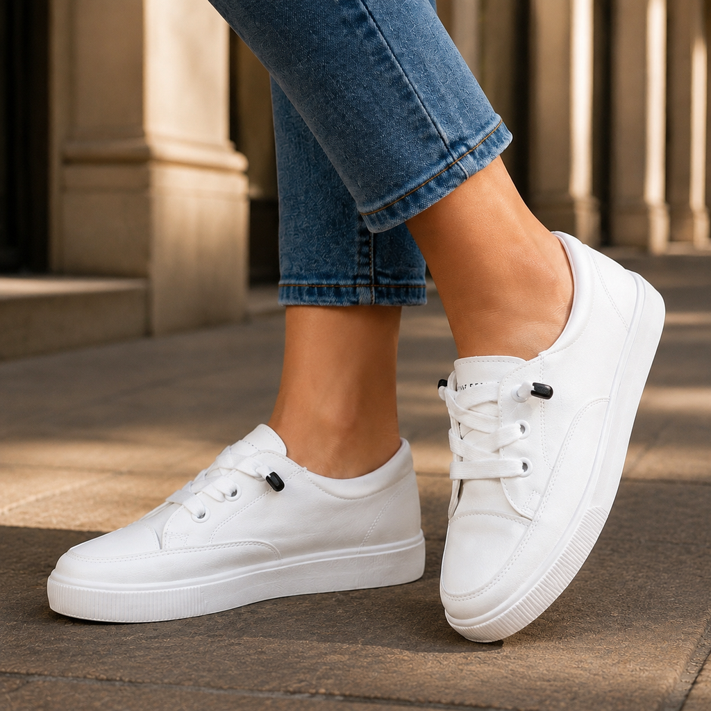 White women's lace up trainers and platform trainers worn with jeans on a pavement, side view