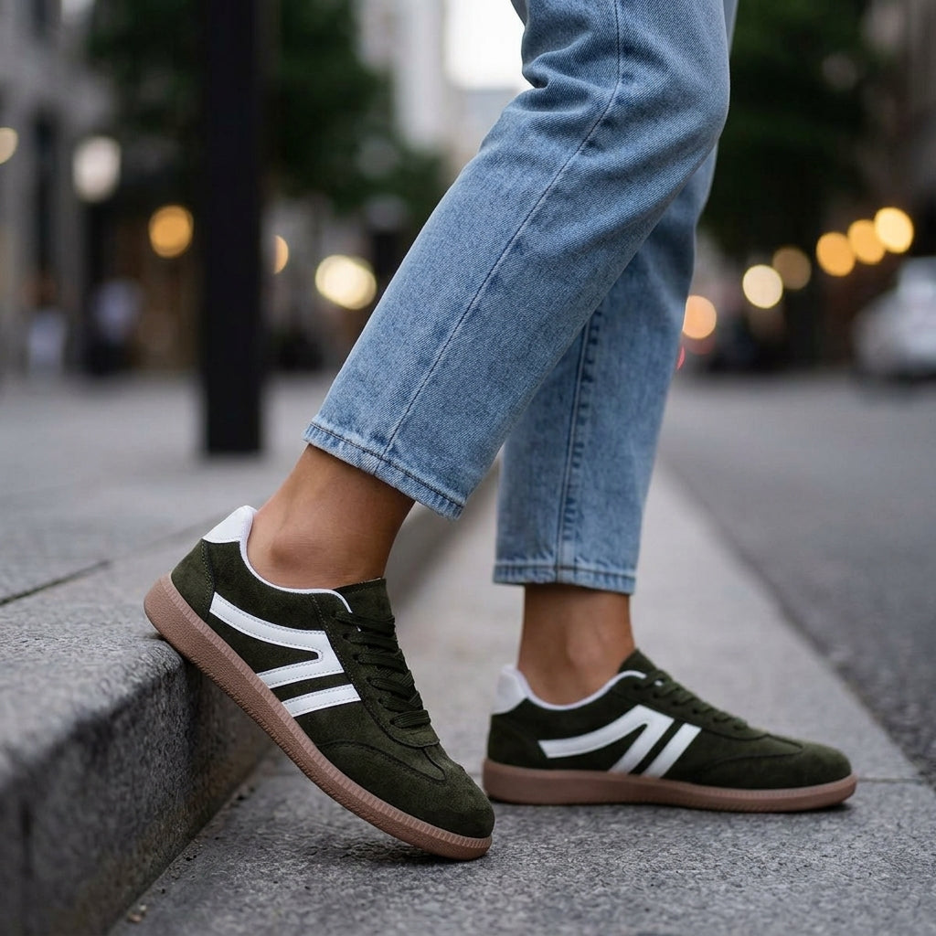 Dark green low-profile retro trainers with gum soles, side view on a kerb