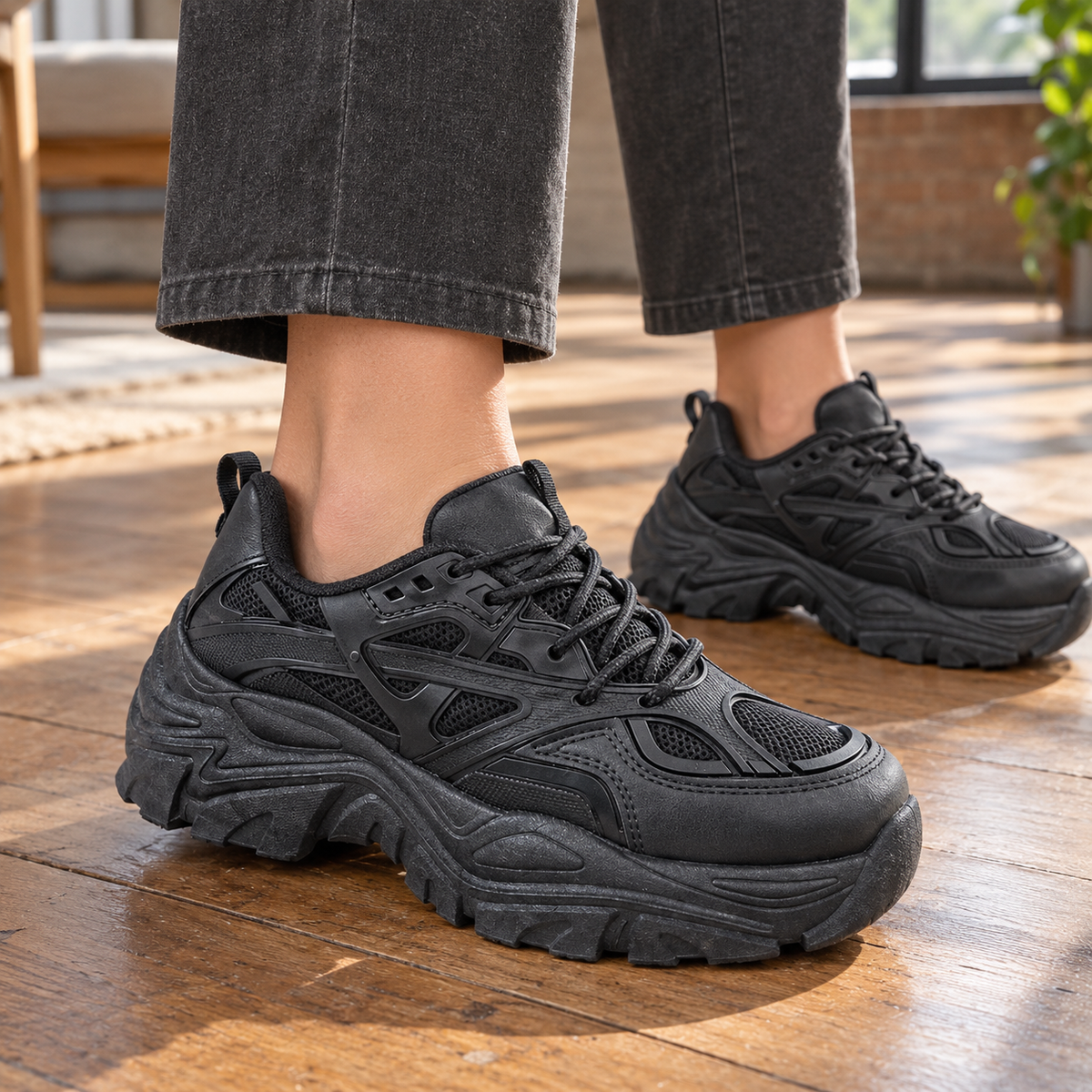 Women's black chunky sneakers with leather and mesh upper and platform sole