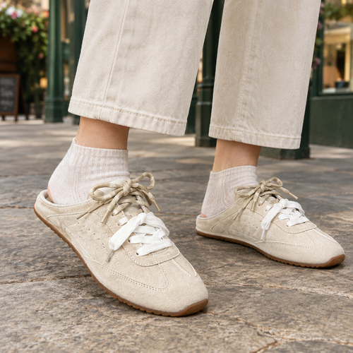 Cream backless sneakers for women, open heel sneakers and mule trainers with a gum sole, worn with cropped trousers