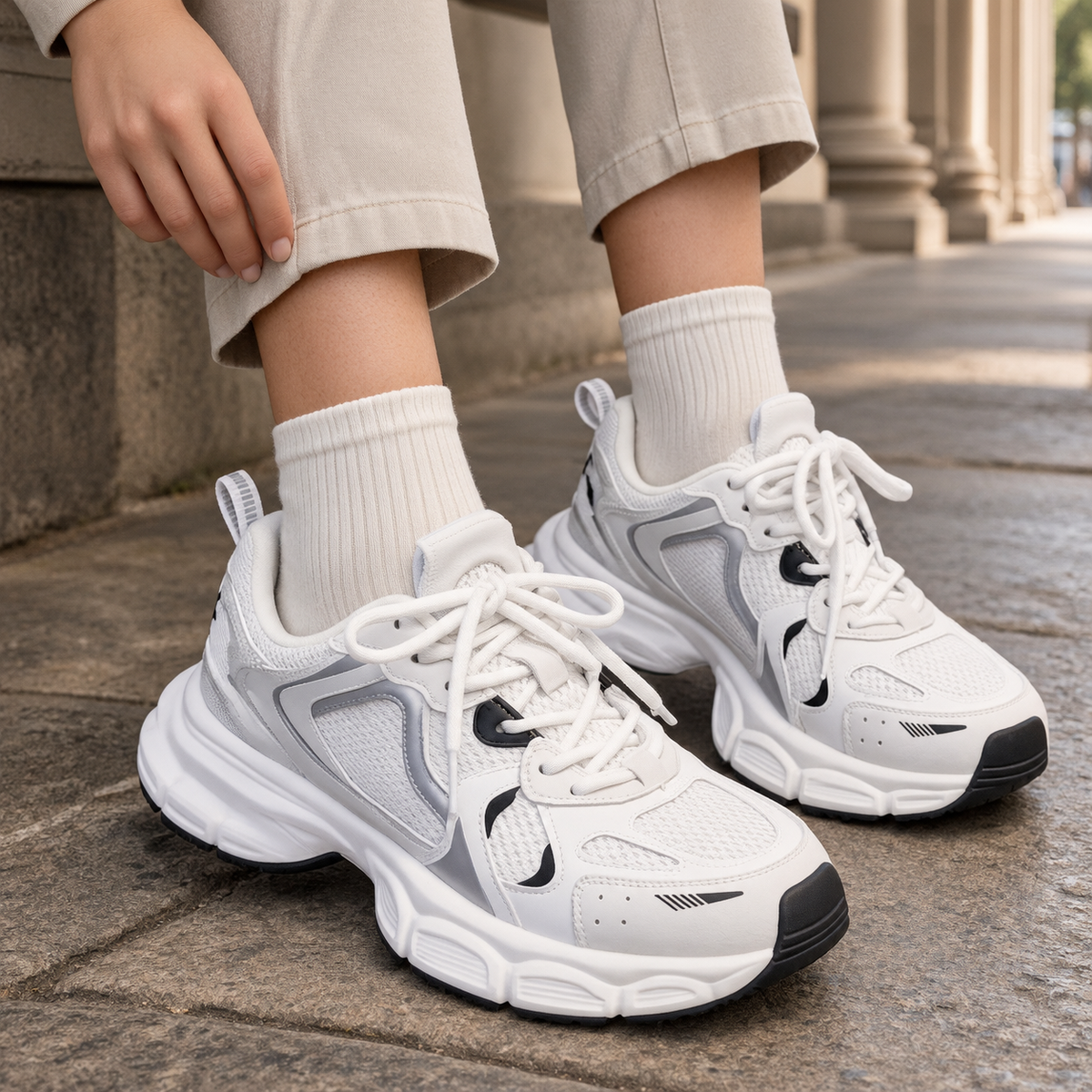White chunky sneakers women with a breathable mesh upper, lace-up closure and chunky sculpted platform sole