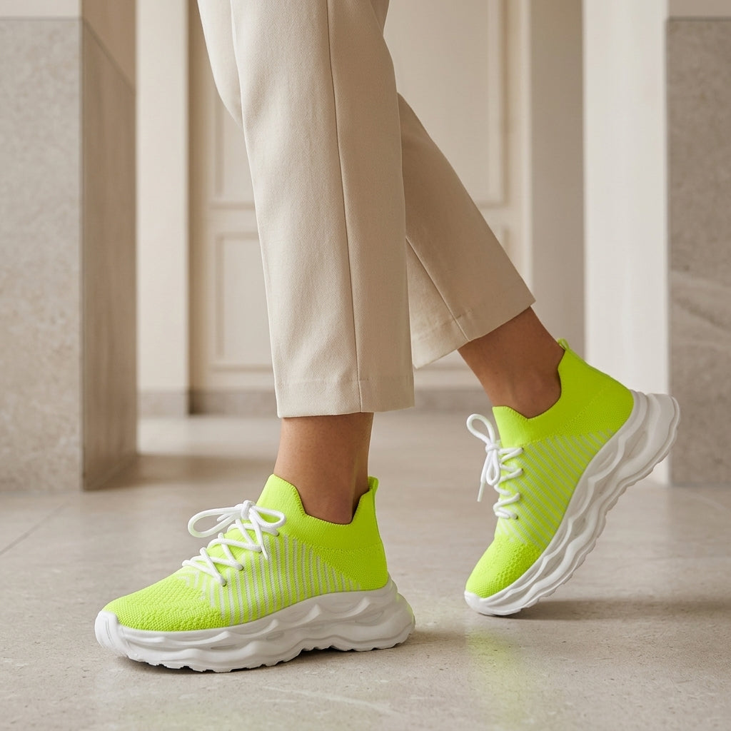 Orthopedic sneakers for women in fluorescent green with a knit upper, white laces and a wavy white chunky sole