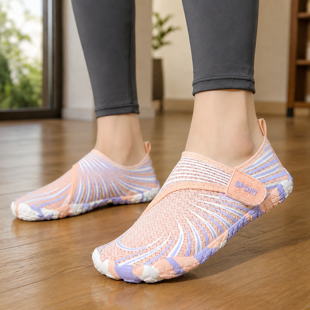 Women's five toe water shoes in white and purple mesh with peach tones, water shoes for women worn indoors