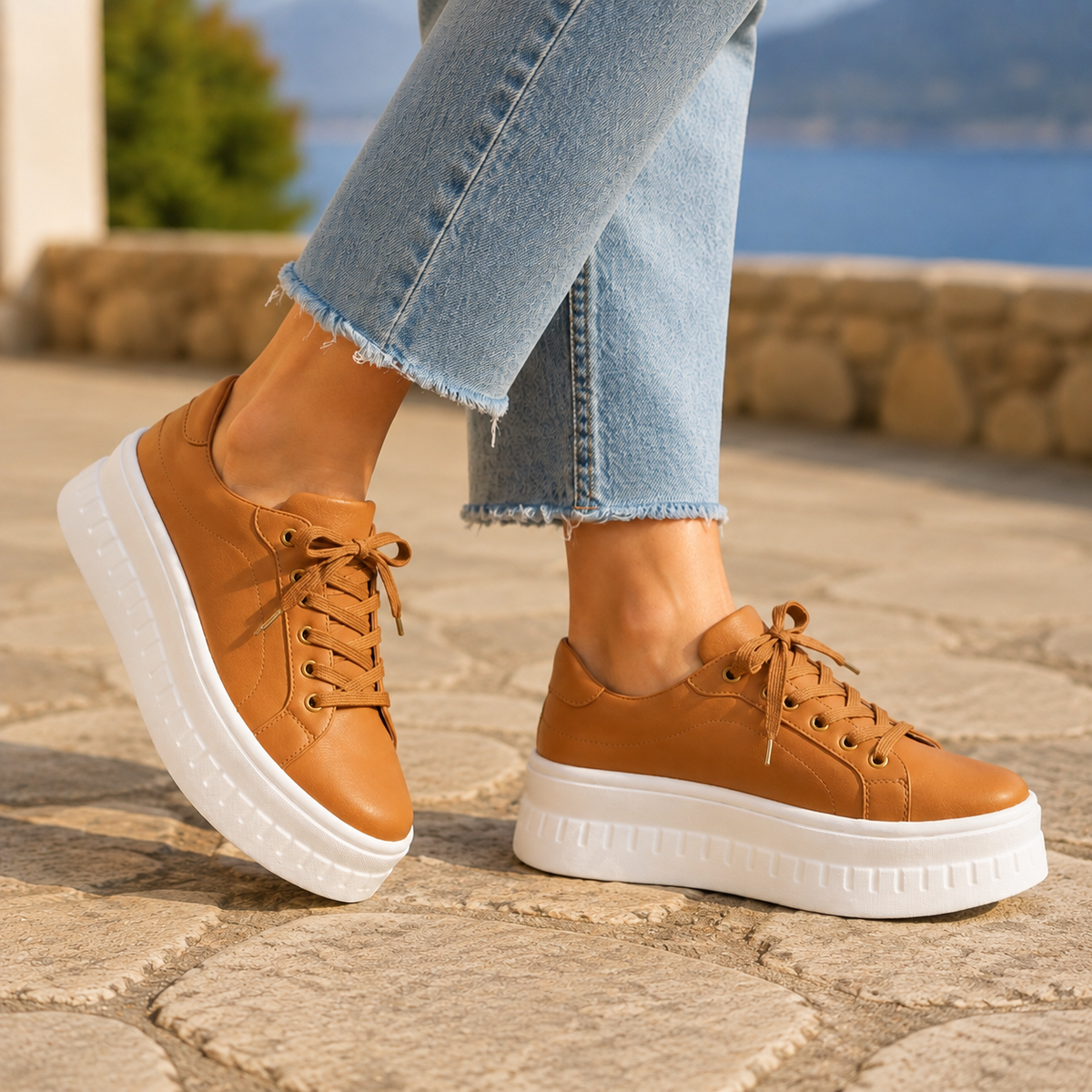 Orthopedic sneakers for women in brown with platform sole and lace-up closure