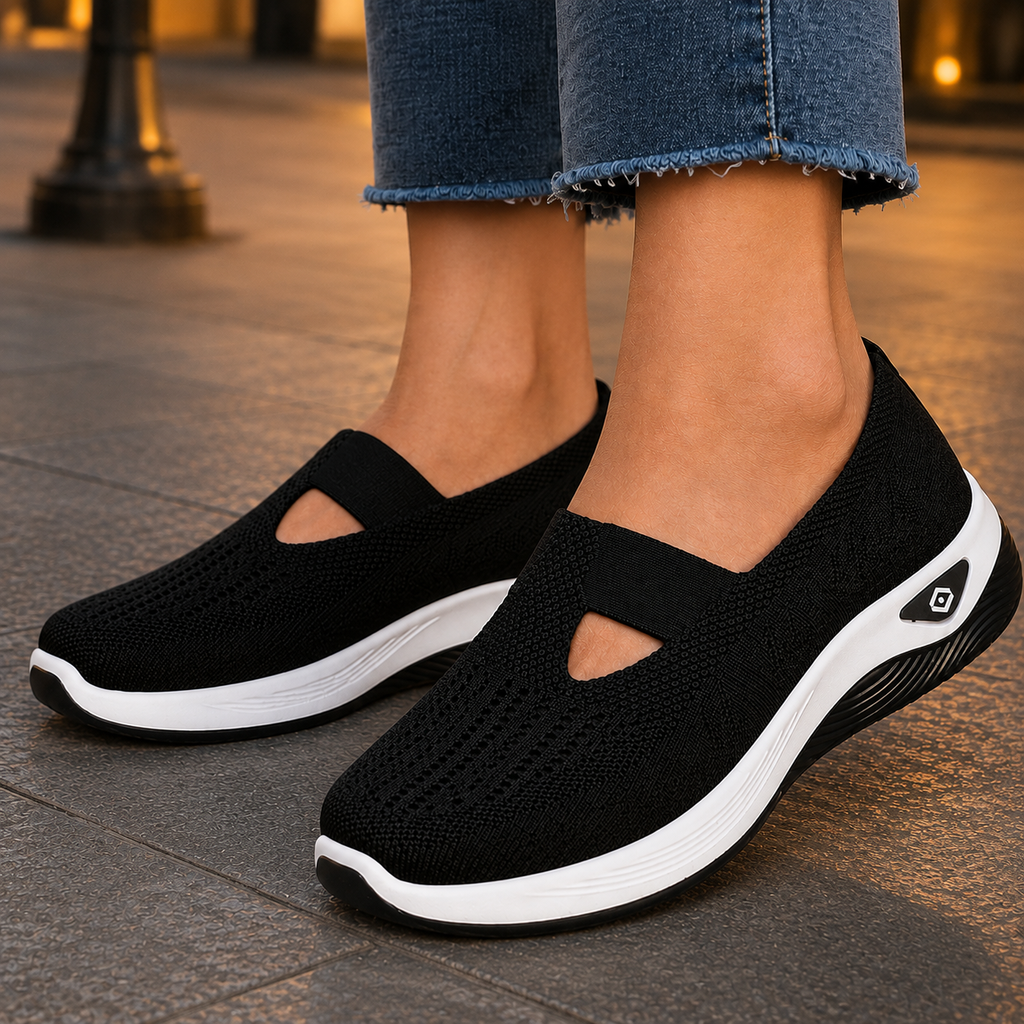 Women's slip on trainers in black knitted mesh with a white sole, worn with cropped jeans