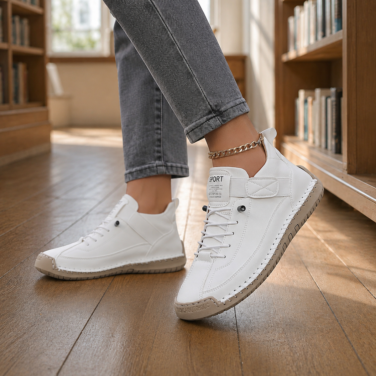 White leather lace-up sneakers with elastic strap and beige stitched sole, worn with grey jeans