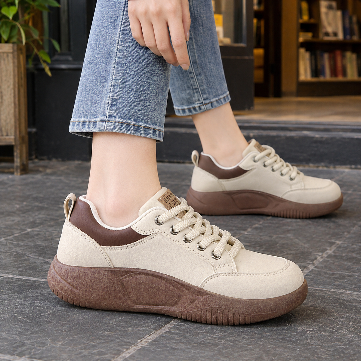 Platform sneakers for women in cream with a brown heel panel and chunky brown sole, worn with jeans