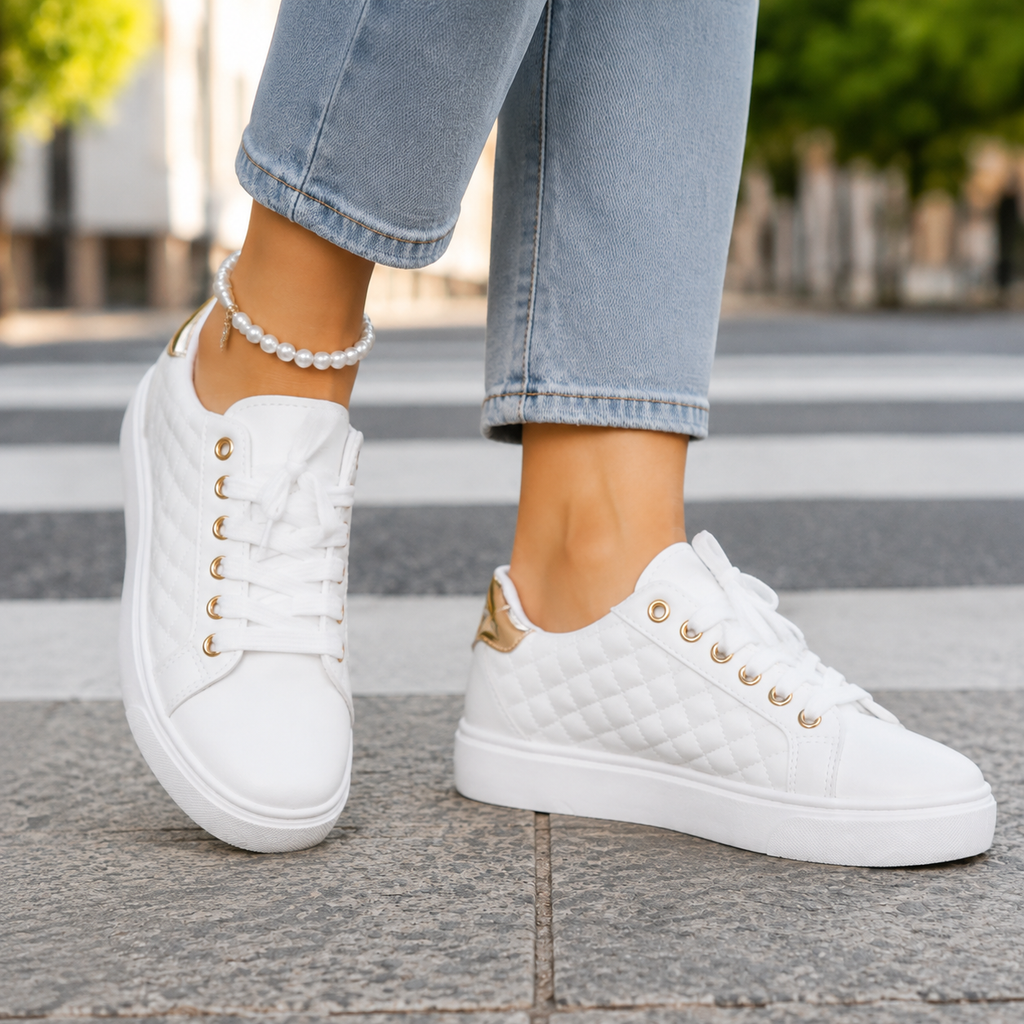White quilted low-top sneakers with gold-tone eyelets, platform sneakers for women worn with light blue jeans