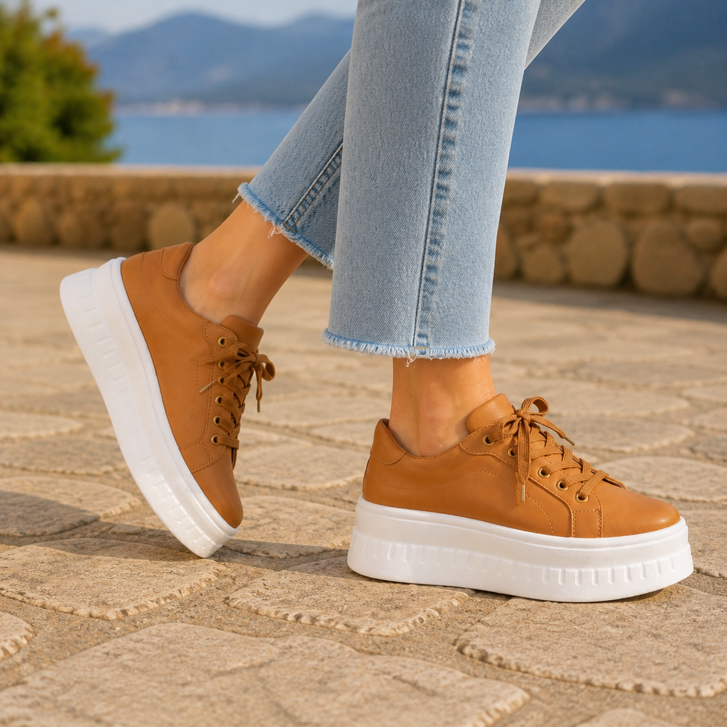 Brown orthopedic sneakers for women showing the supple upper and secure laces