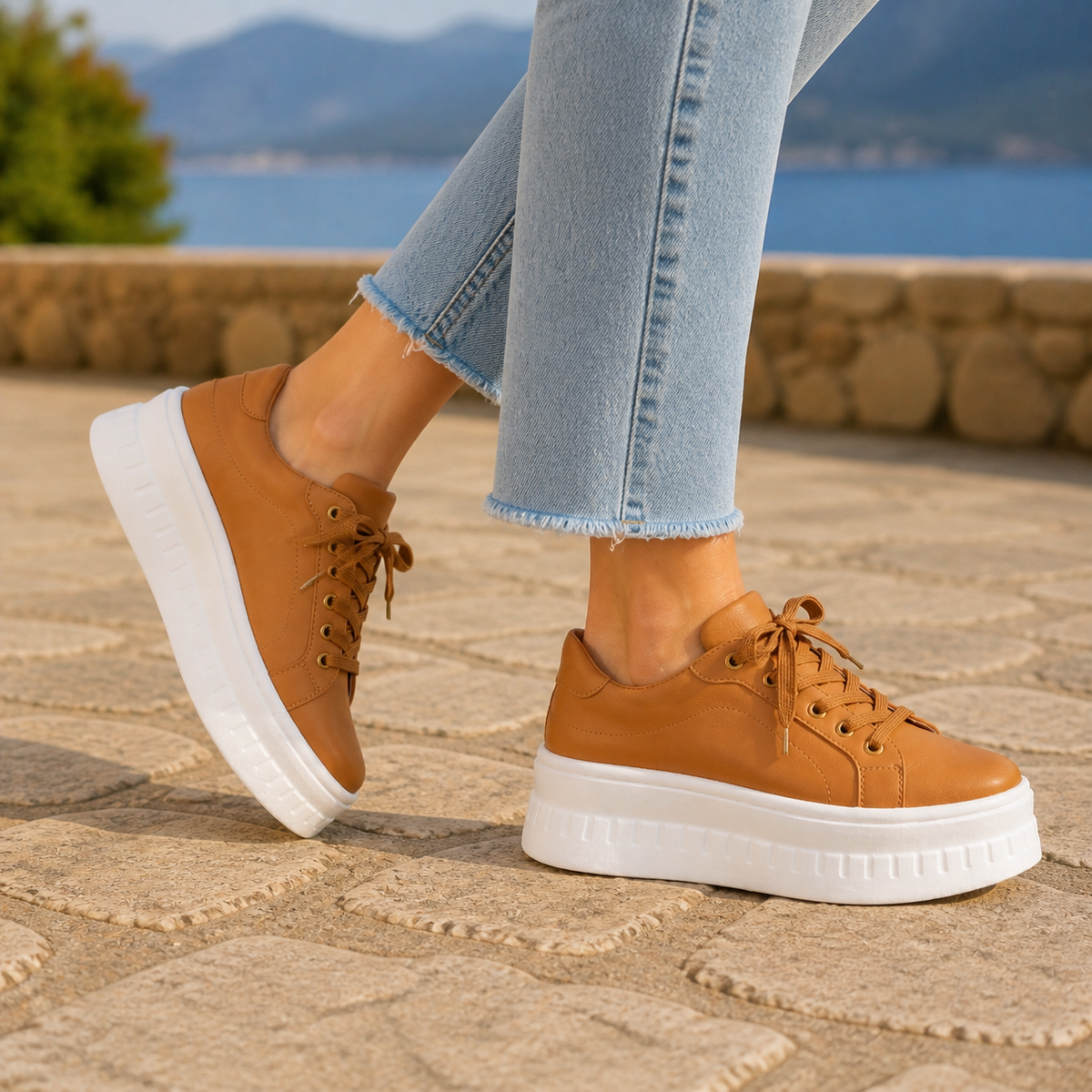 Brown orthopedic sneakers for women showing the supple upper and secure laces