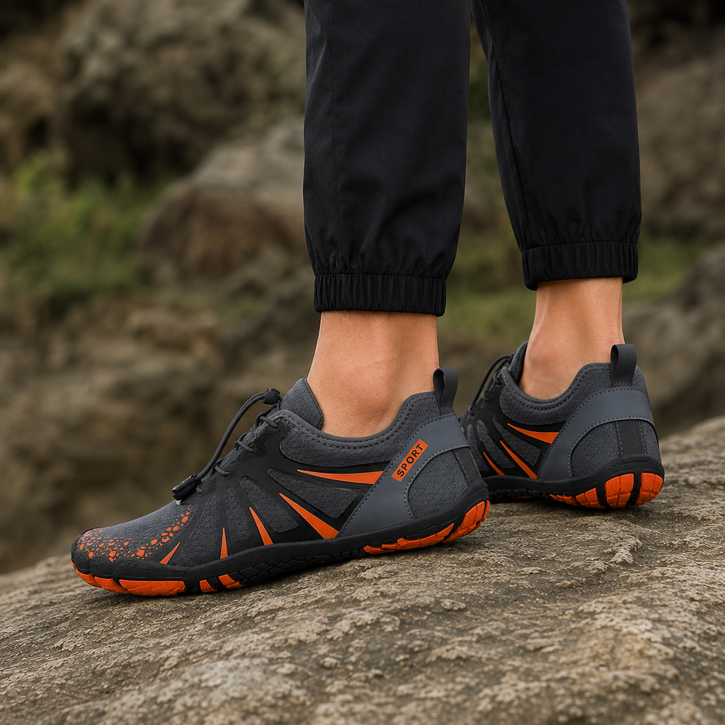 Side and rear view of dark grey barefoot water shoes with toggle laces