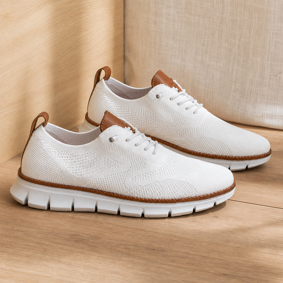 Pair of white knit sneakers with a white sole, side view on a light wooden floor