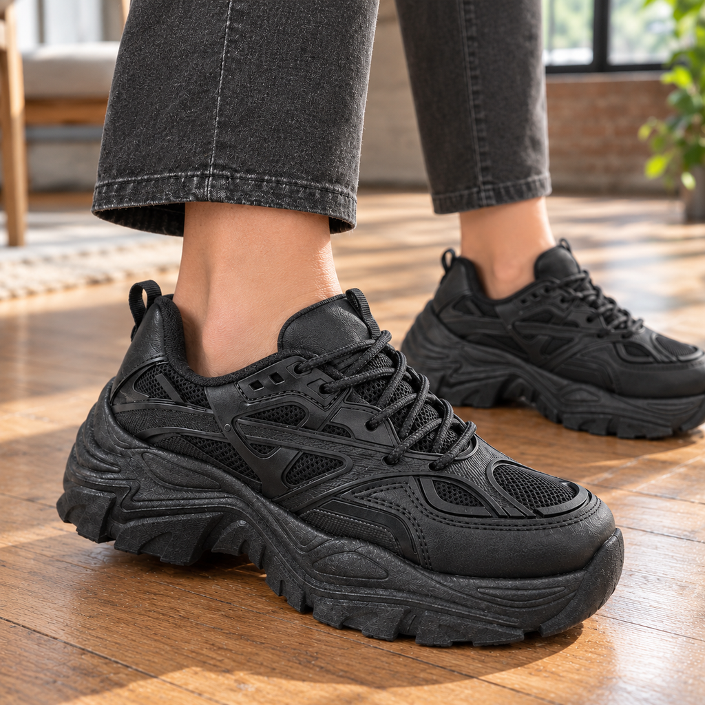 Close-up of women's black chunky sneakers showing the ridged platform sole and mesh panels