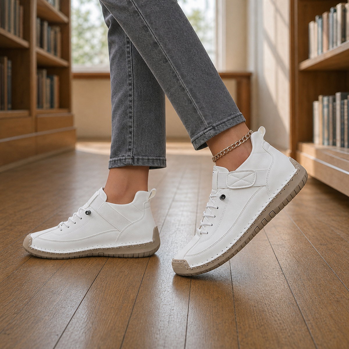 Lace sneakers for women in white leather with elastic strap and stitched beige sole, side view on a wooden floor