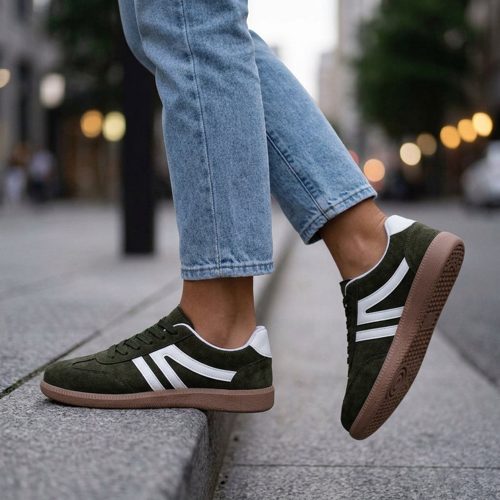 Retro sneakers womens in dark green with white side stripes and a gum sole, worn with light-wash jeans
