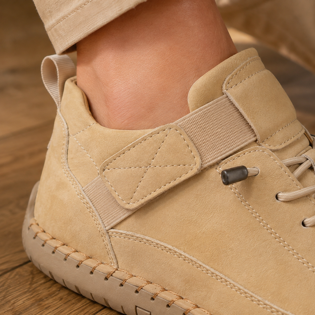 Close-up of the beige sneaker ankle area showing the elastic strap with stitched tab, pull loop, toggle lace and stitched sole edge.