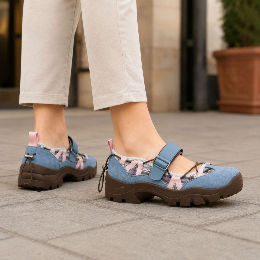 Blue chunky mary janes with an adjustable strap, elastic cross-lacing and chunky lug sole