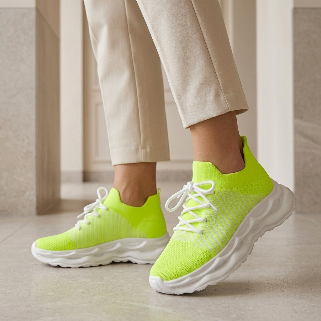Fluorescent green knit upper walking shoes with white laces and stripes, angled front view