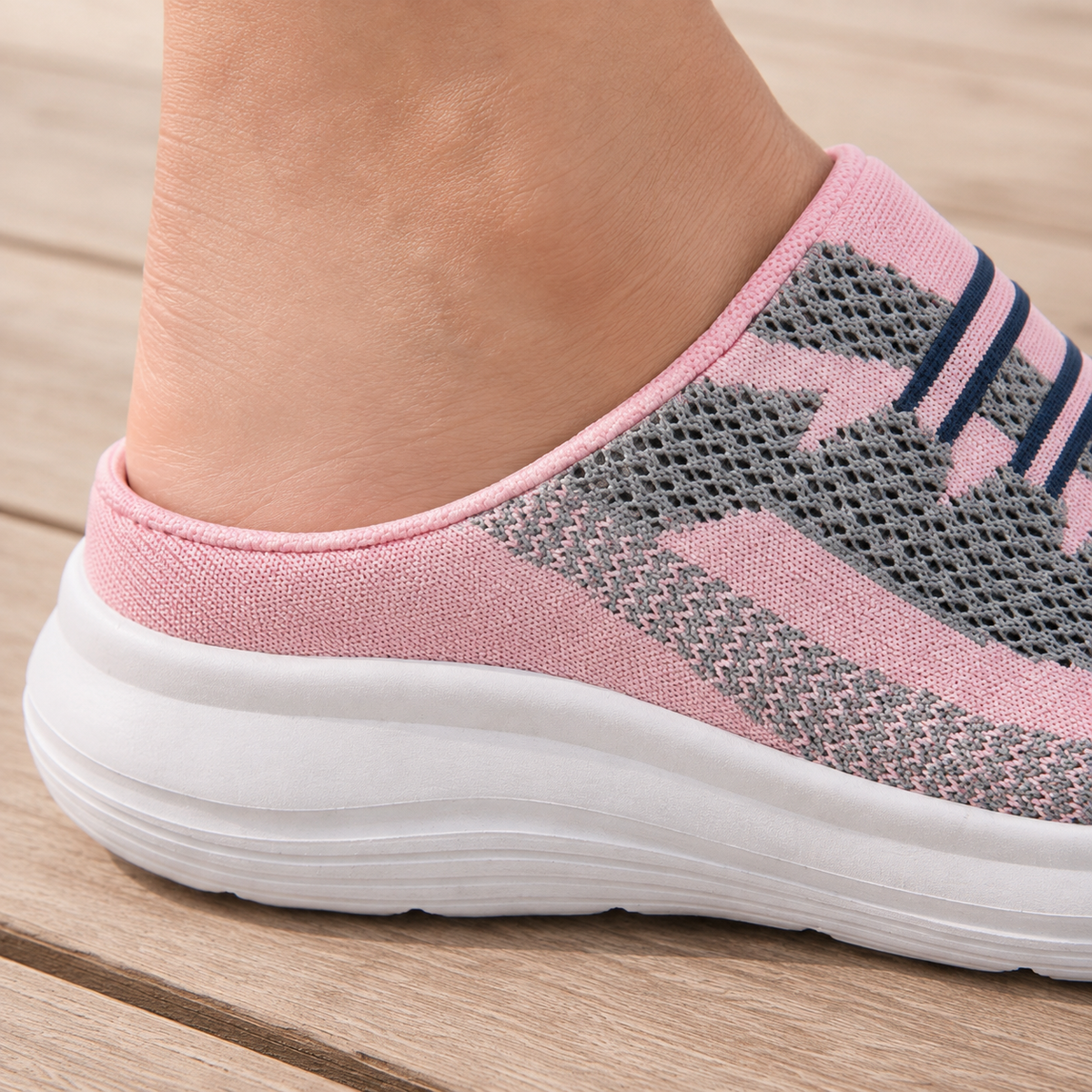 Pink mesh knit backless slip-on sneakers for women, close-up of the heel