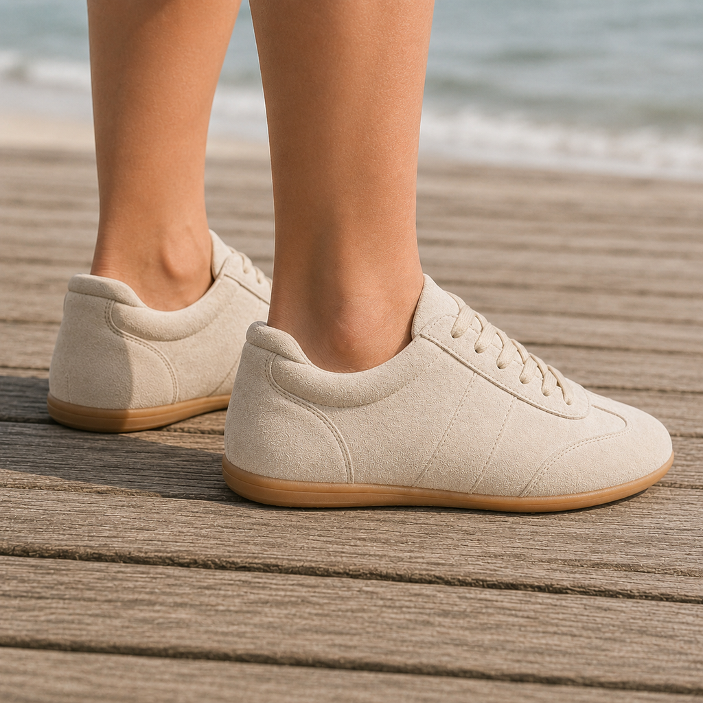 Beige suede trainers for women, side and back view on a wooden boardwalk