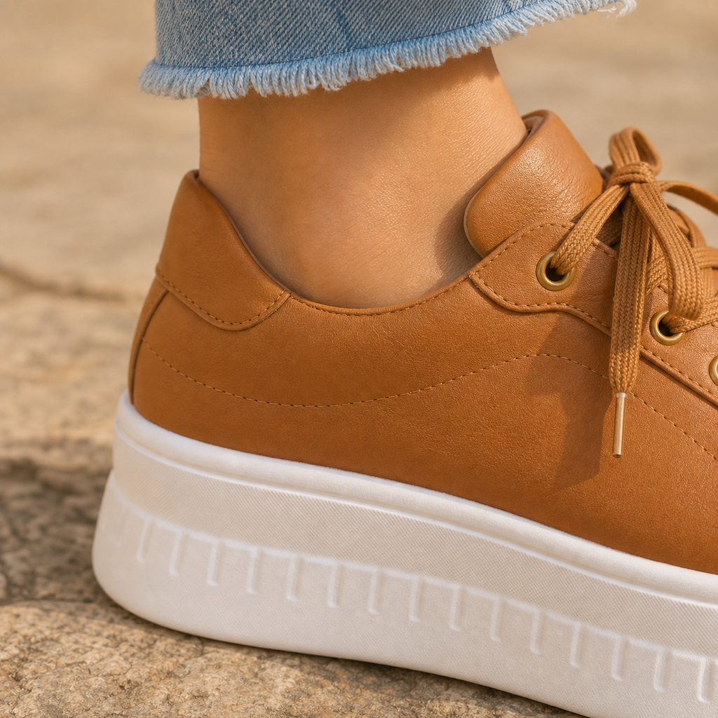 Close-up of the lace-up closure and supple upper on the brown arch support trainers