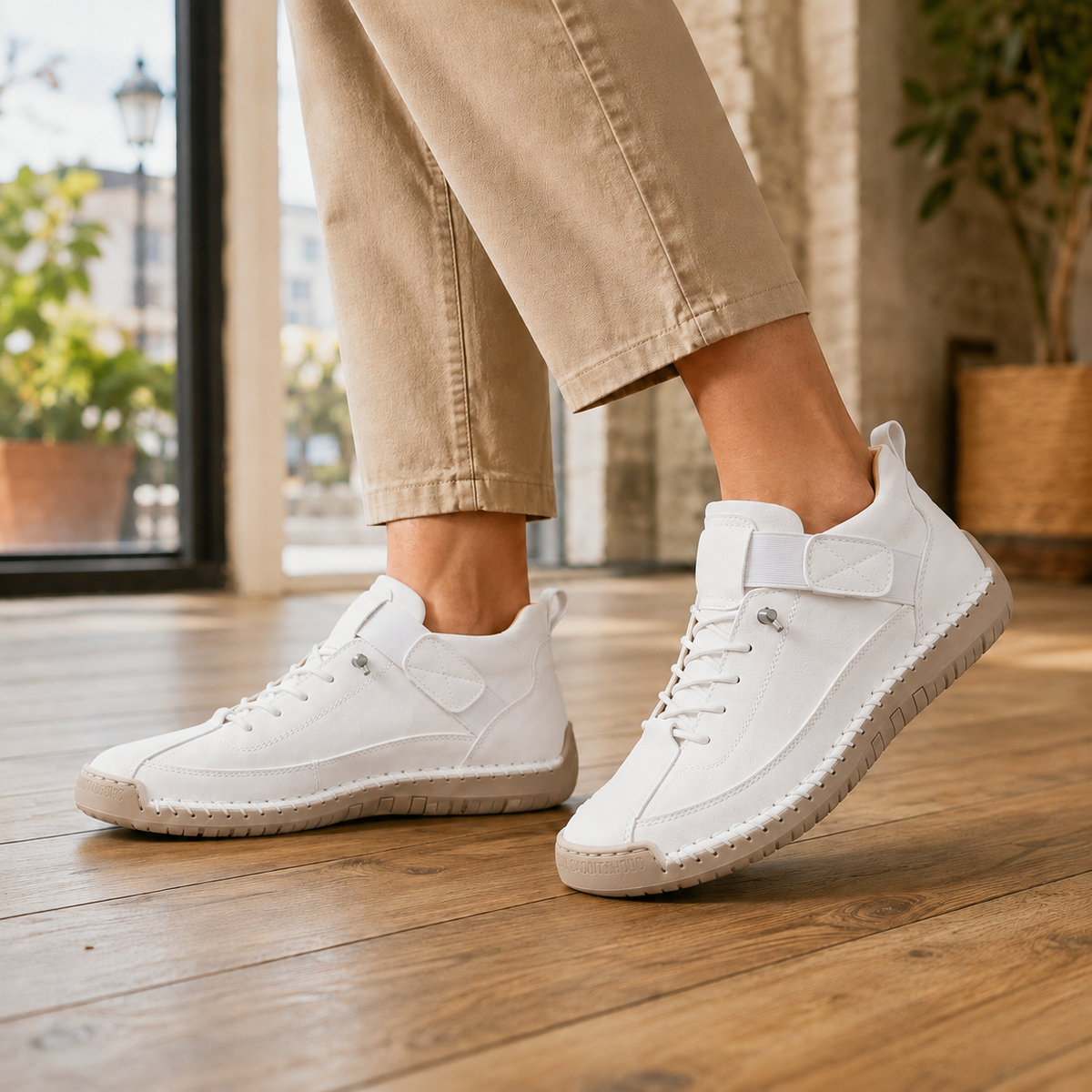 White lace-up sneakers with elastic ankle strap, white stitched edge and beige sole, worn with khaki trousers indoors.