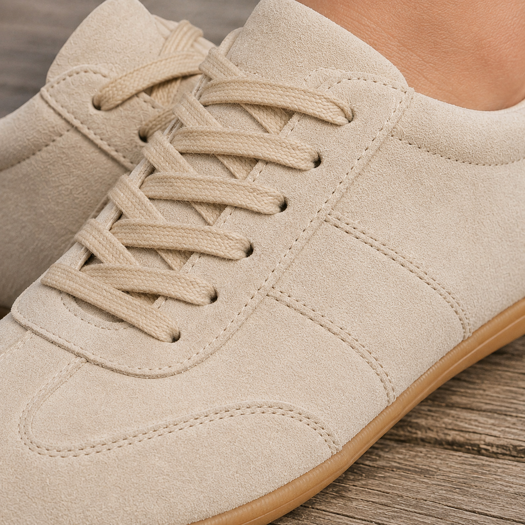 Close-up of beige suede trainer laces, stitched panels and gum sole