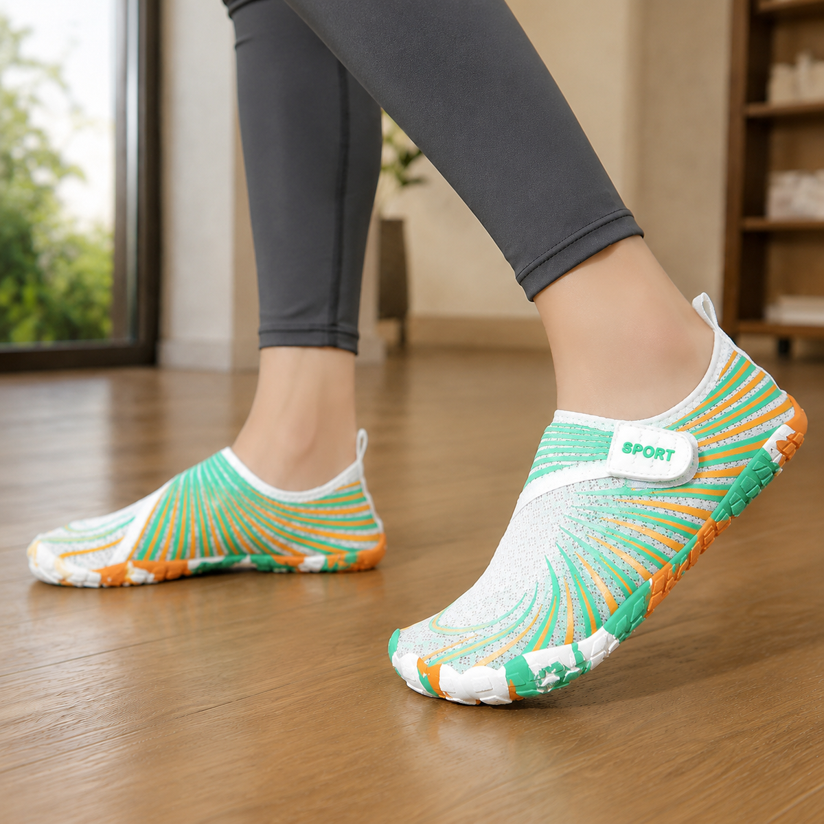 Green, orange and white five toe water shoes with an adjustable strap, side view