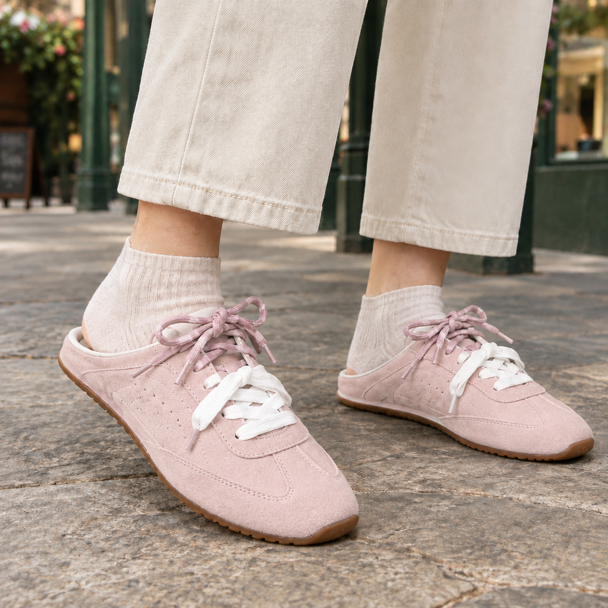 Pink backless sneakers for women, open heel mule trainers with a flat gum sole and dual laces