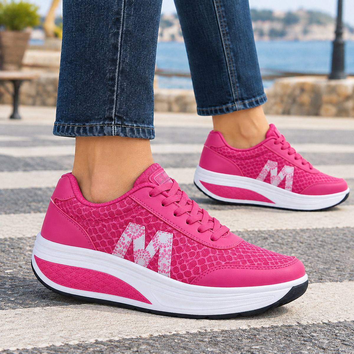 Pink orthopedic sneakers for women with breathable mesh upper, lace-up fastening and rocker platform sole.