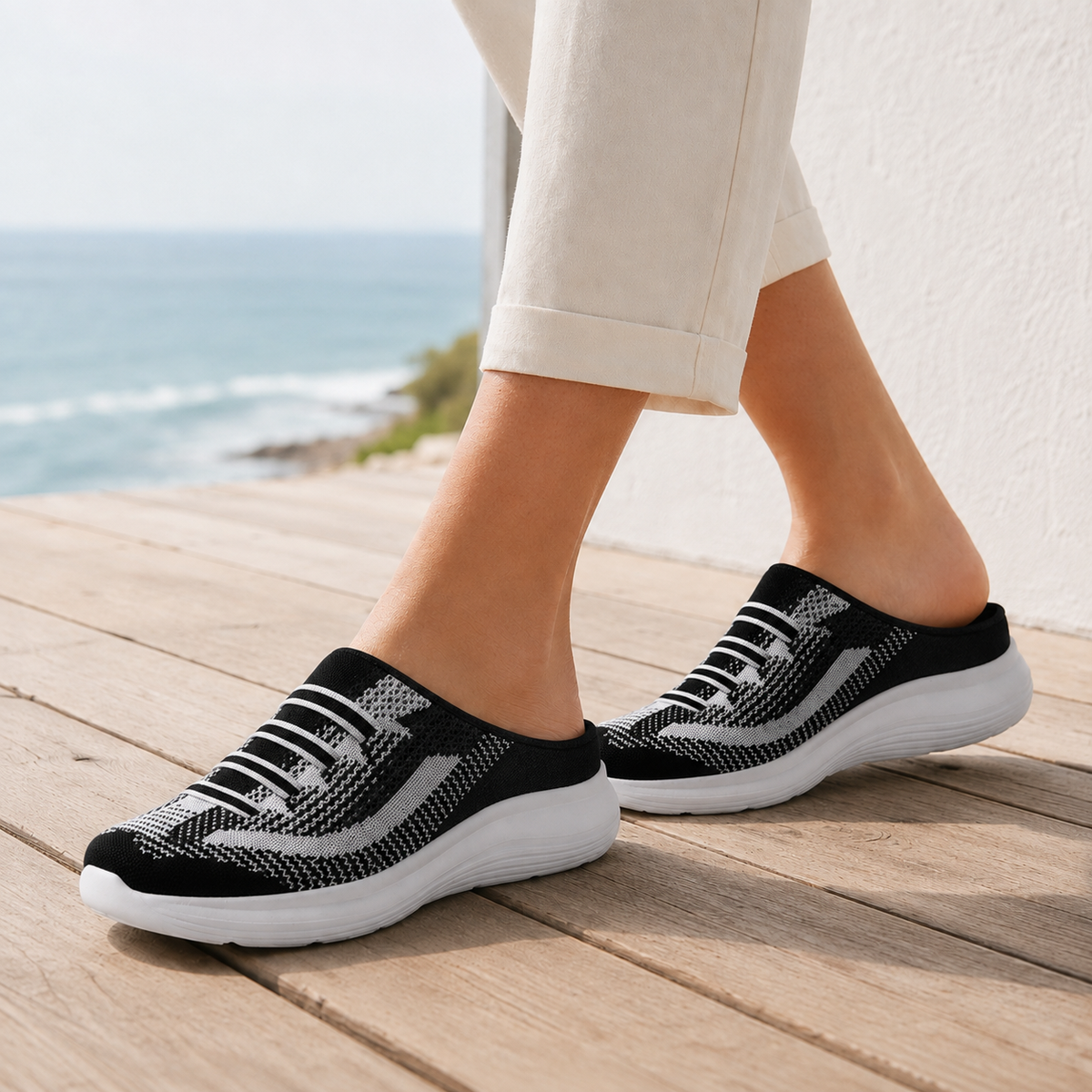 Black mesh knit backless slip-on sneakers for women