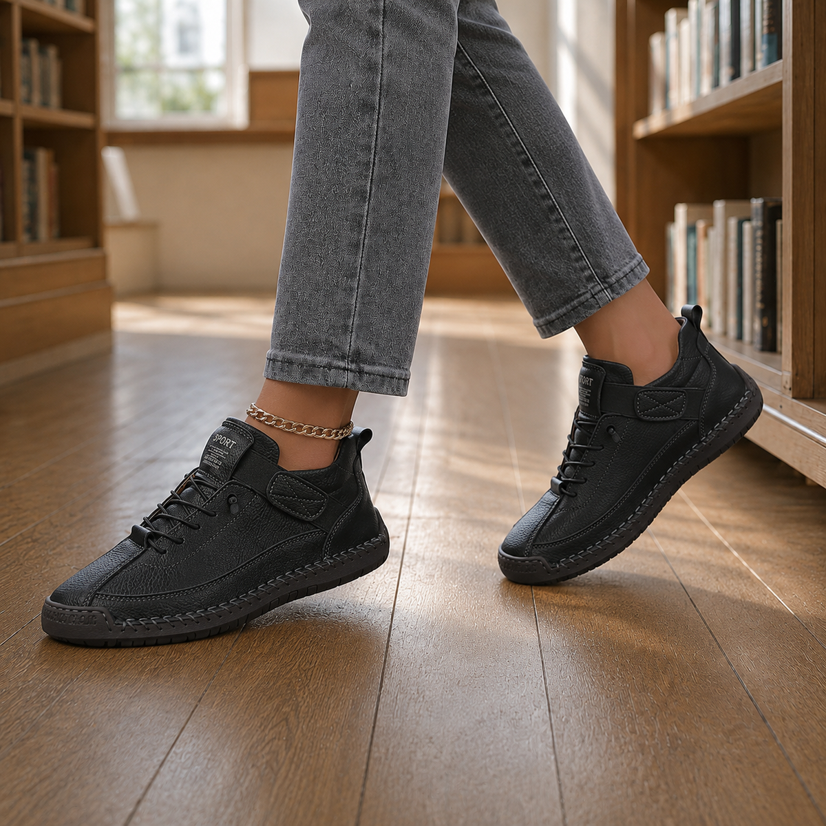 Black leather lace-up sneakers with elastic strap and dark stitched sole, worn with grey jeans