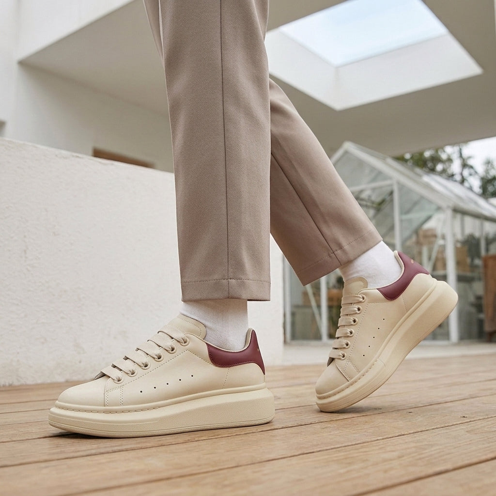 Cream leather platform sneakers with a burgundy heel tab and perforated side detail.