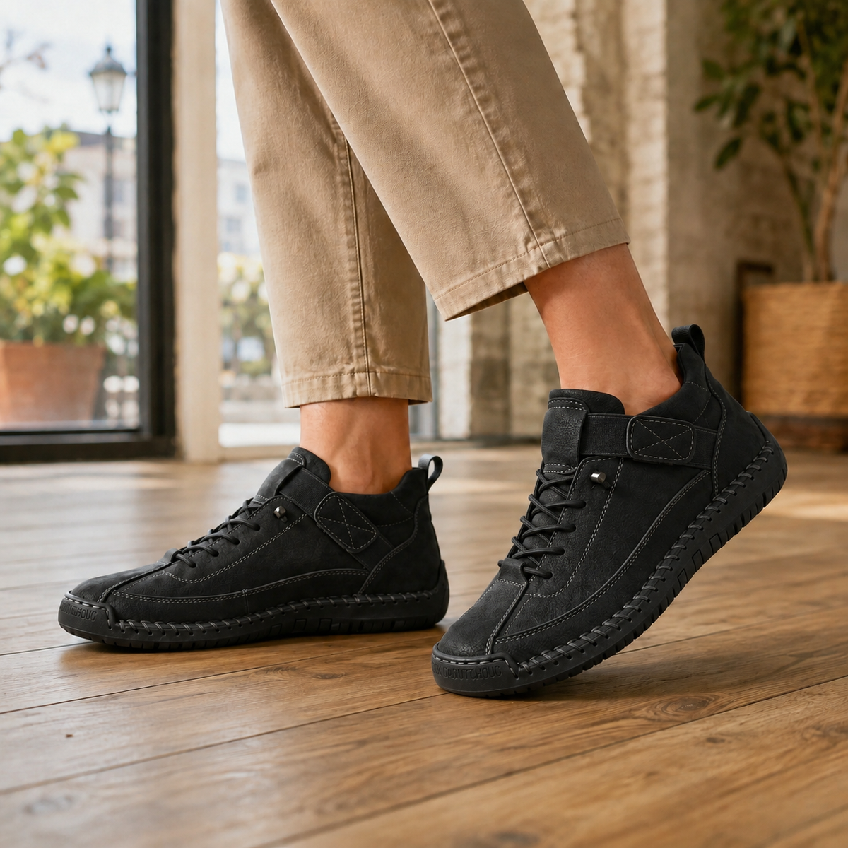 Black lace-up sneakers with elastic ankle strap, contrast stitching and stitched black sole, worn with khaki trousers.