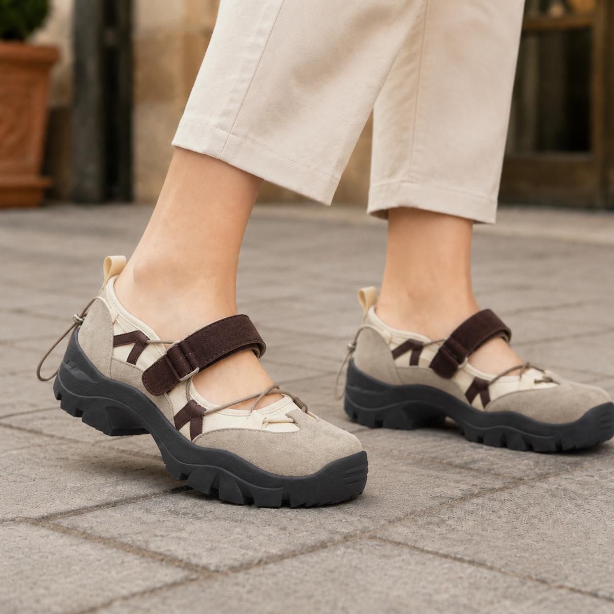 Beige chunky mary janes with an adjustable strap, elastic cross-lacing and chunky lug sole