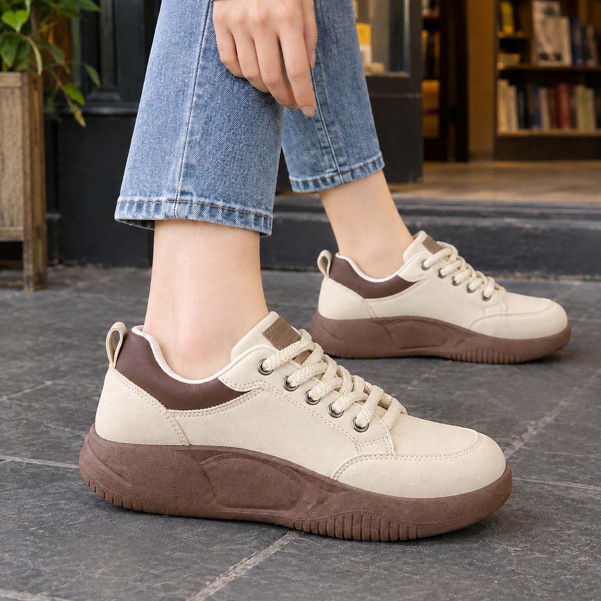 Cream lace-up platform sneakers with brown heel panel and chunky brown sole, side view
