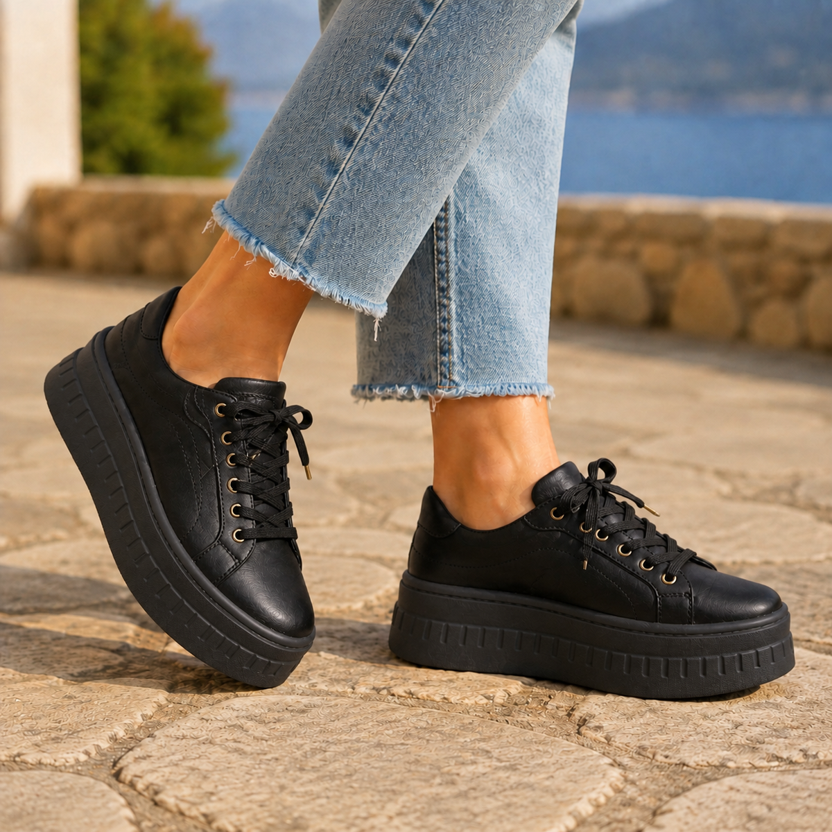 Black orthopedic sneakers for women with substantial platform sole