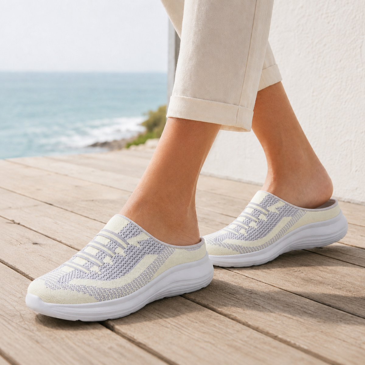 Beige mesh knit backless slip-on sneakers for women