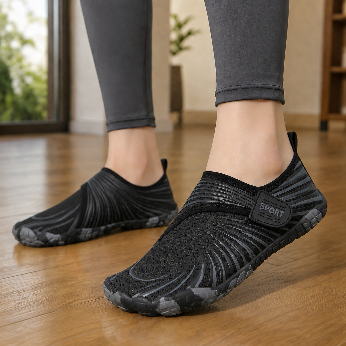 Black mesh five toe water shoes for women with grey stripes and an adjustable instep strap