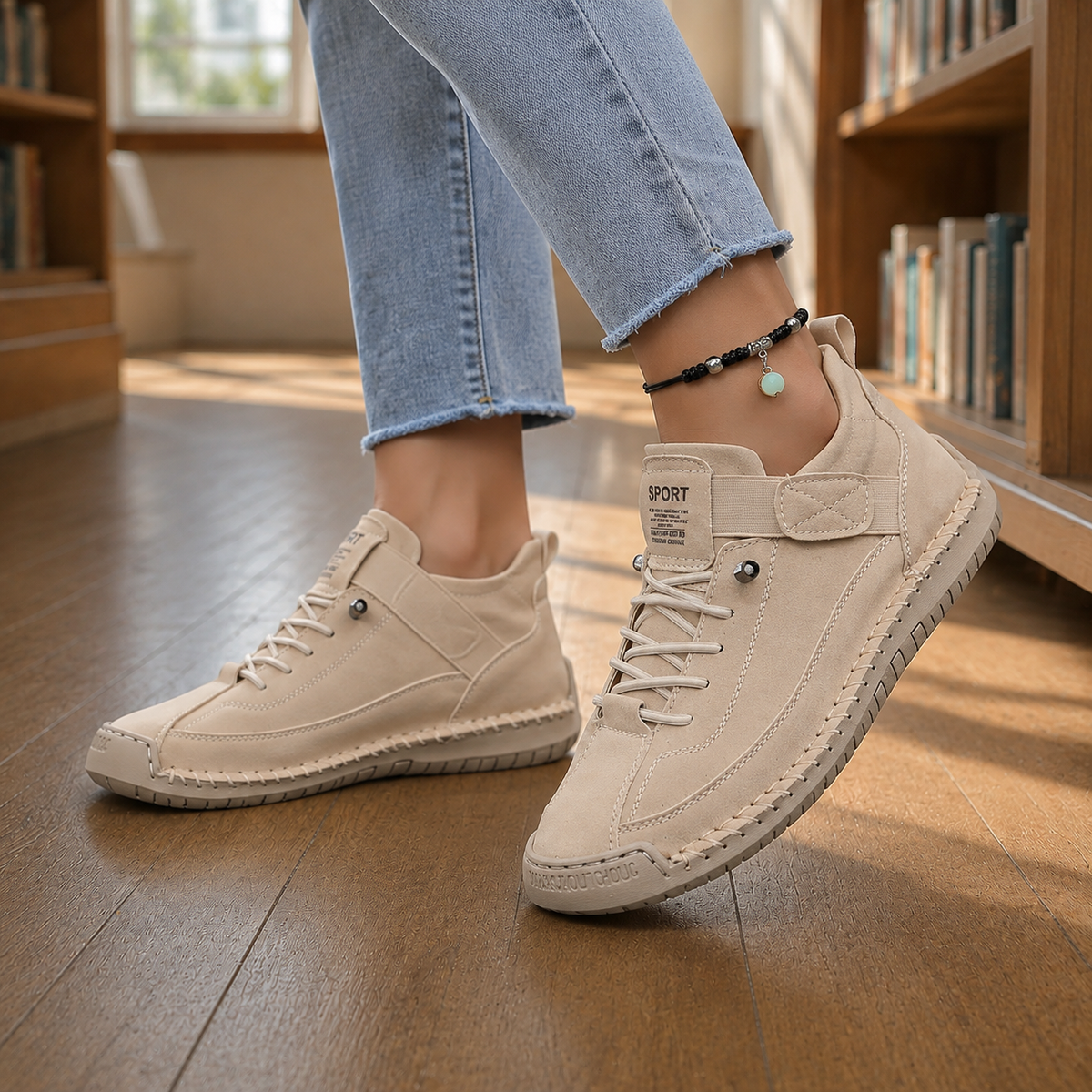 Beige leather lace-up sneakers with elastic strap and stitched sole, worn with light blue frayed jeans