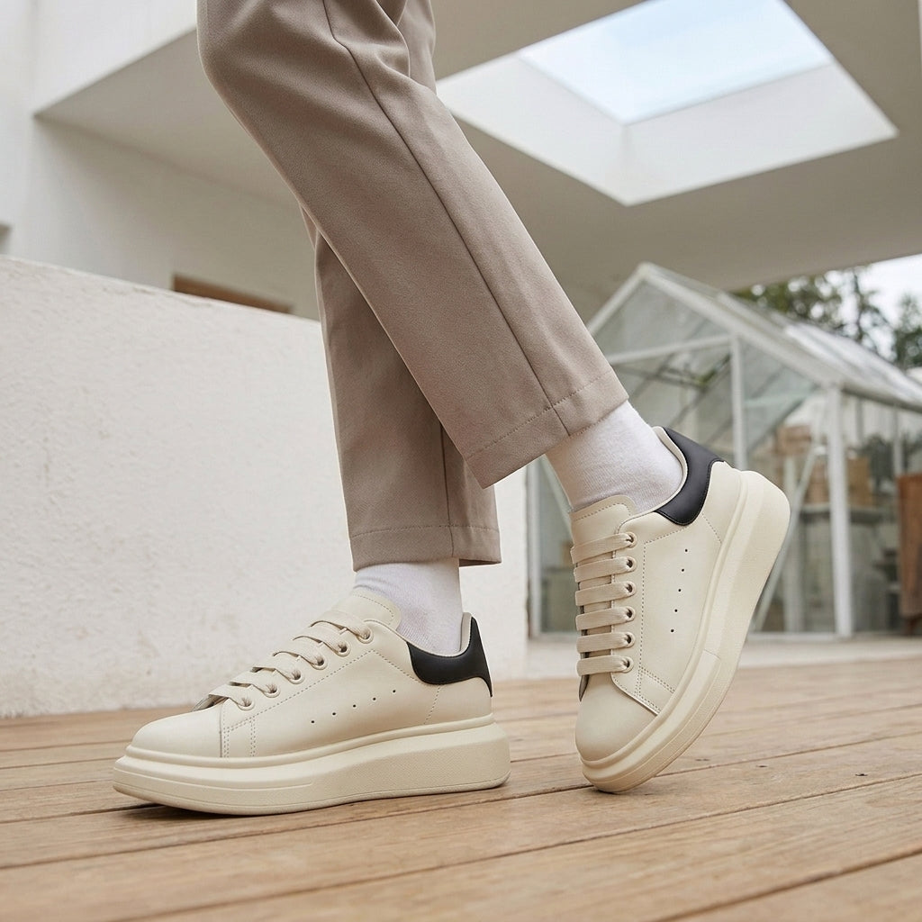 Cream leather platform sneakers with a black heel tab, flat laces and a thick cream sole.
