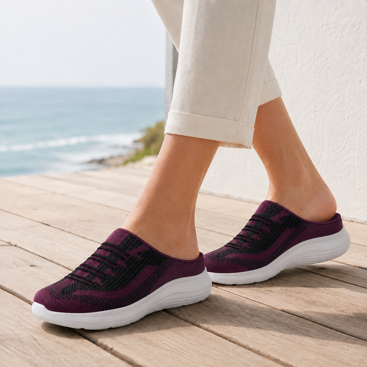 Purple mesh knit backless slip-on sneakers for women