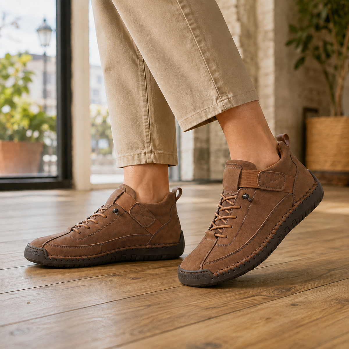Brown lace-up sneakers with elastic ankle strap, tan stitching and dark brown sole, worn with khaki trousers.