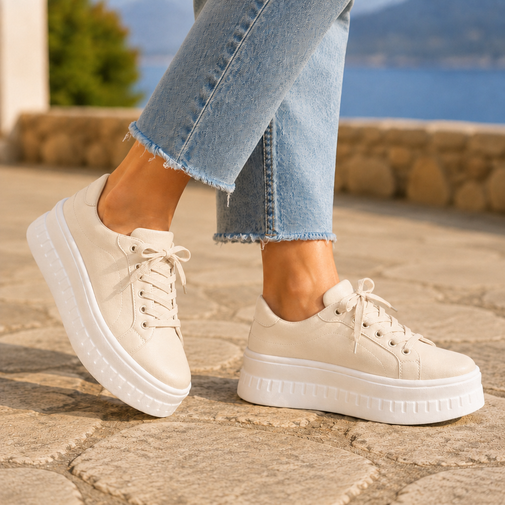 Beige orthopedic sneakers for women featuring a closed round toe