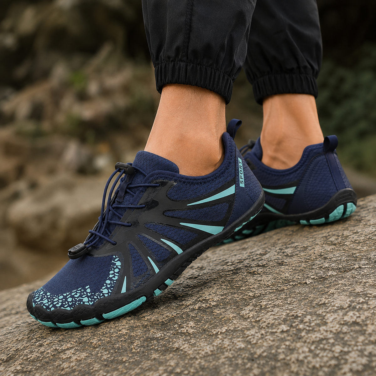 Navy and aqua barefoot water shoes worn outdoors on a rock
